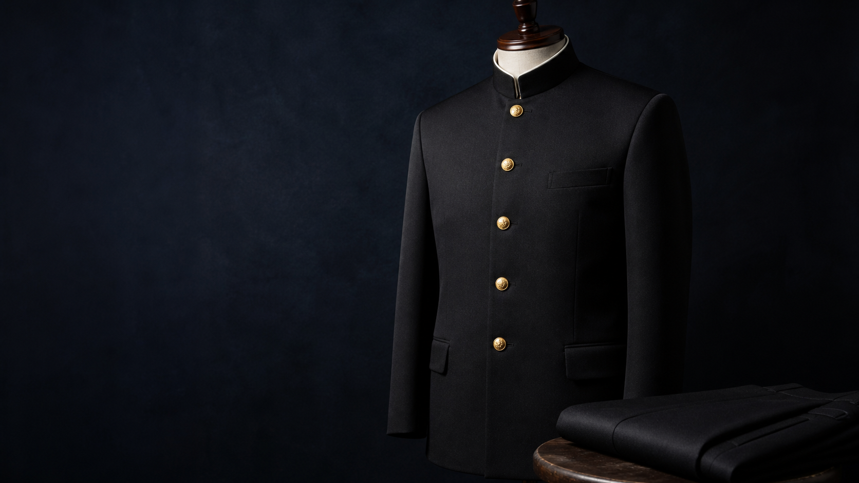 Black gakuran standing-collar jacket with gold buttons
